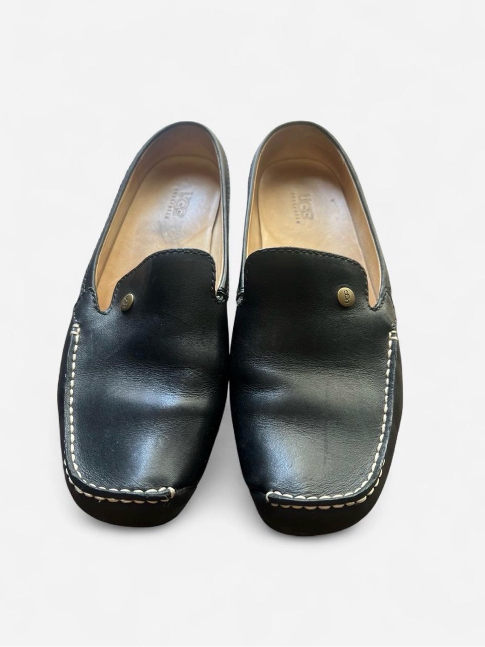 UGG Black Leather Slip-On Loafers with White Stitching